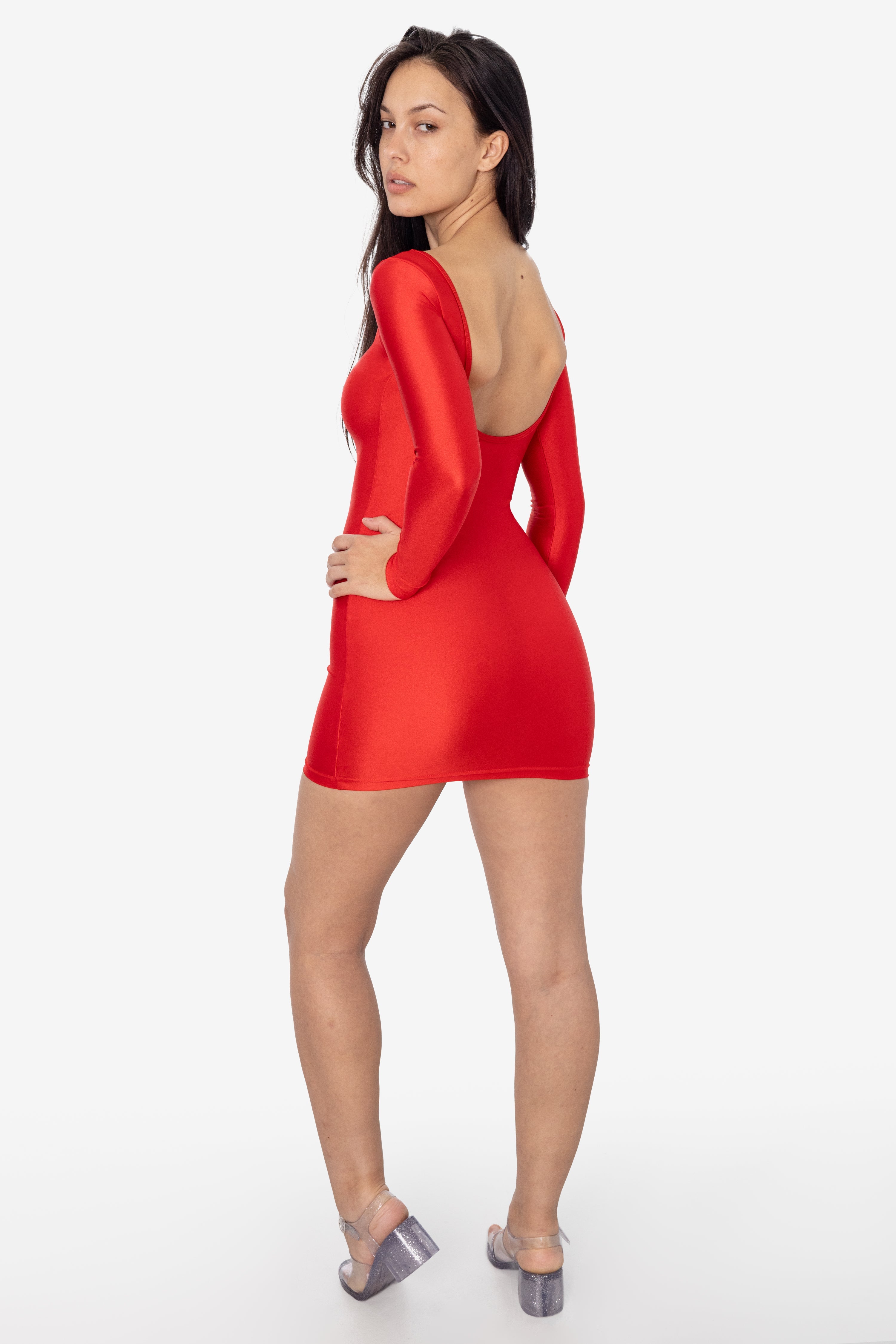RNT3628 - Nylon Tricot Double U-Neck L/S Mini Dress